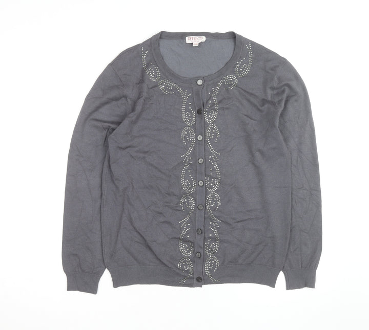 Reflect Grey Rhinestone Crew Neck L Cardigan Knit Jumper