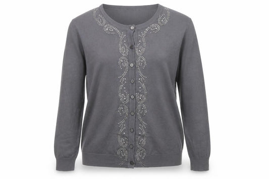 Front view of Reflect Grey Rhinestone Crew Neck L Cardigan Knit Jumper