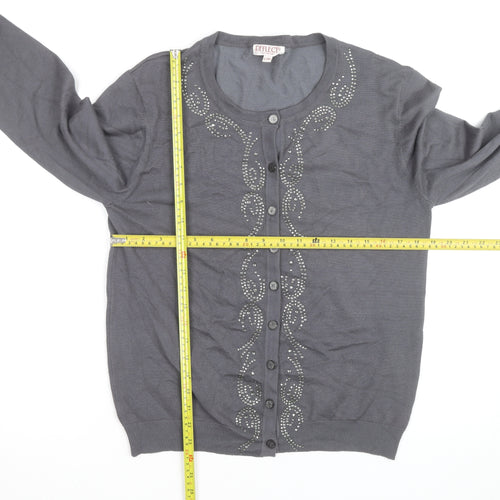 Reflect Grey Rhinestone Crew Neck L Cardigan Knit Jumper