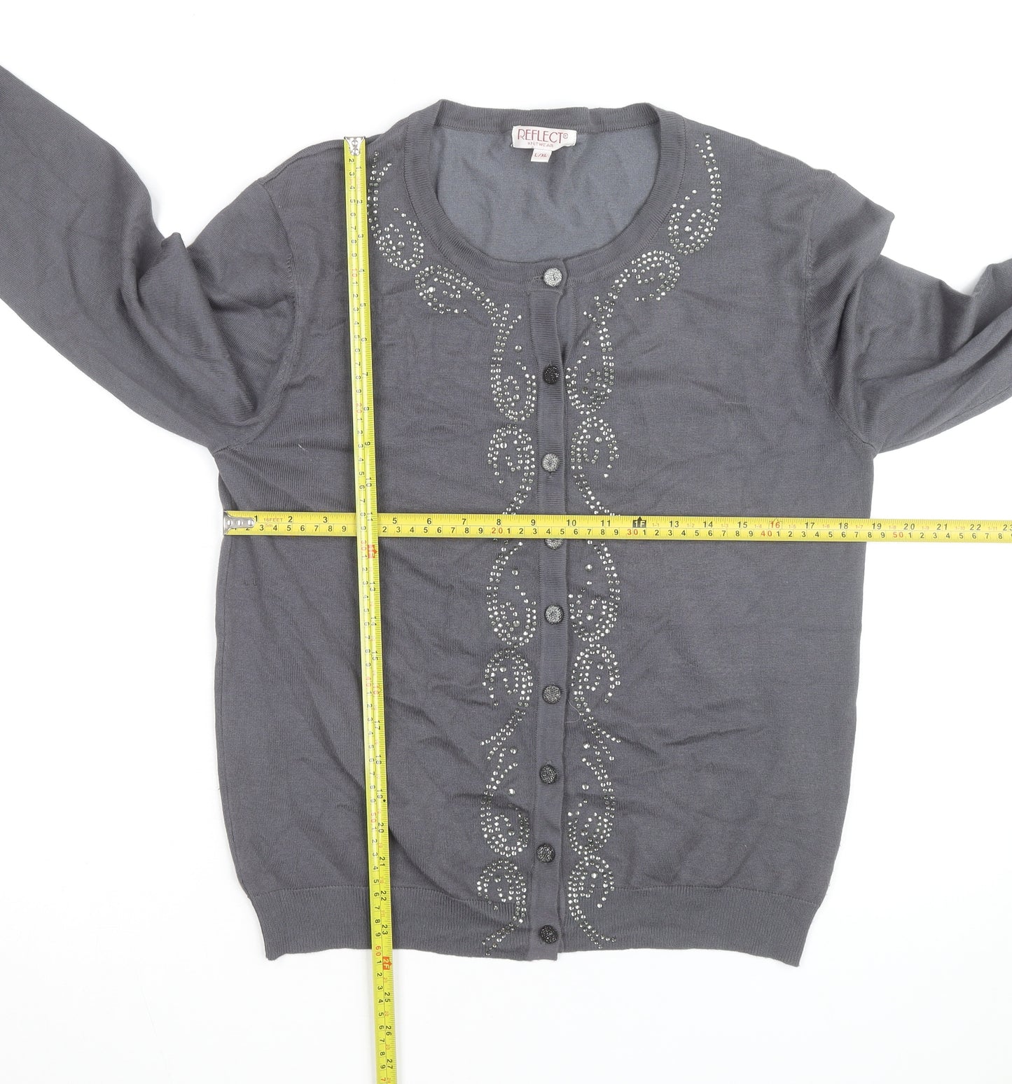 Reflect Grey Rhinestone Crew Neck L Cardigan Knit Jumper