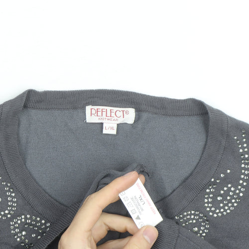 Reflect Grey Rhinestone Crew Neck L Cardigan Knit Jumper