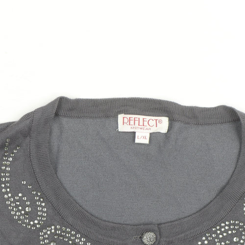 Reflect Grey Rhinestone Crew Neck L Cardigan Knit Jumper