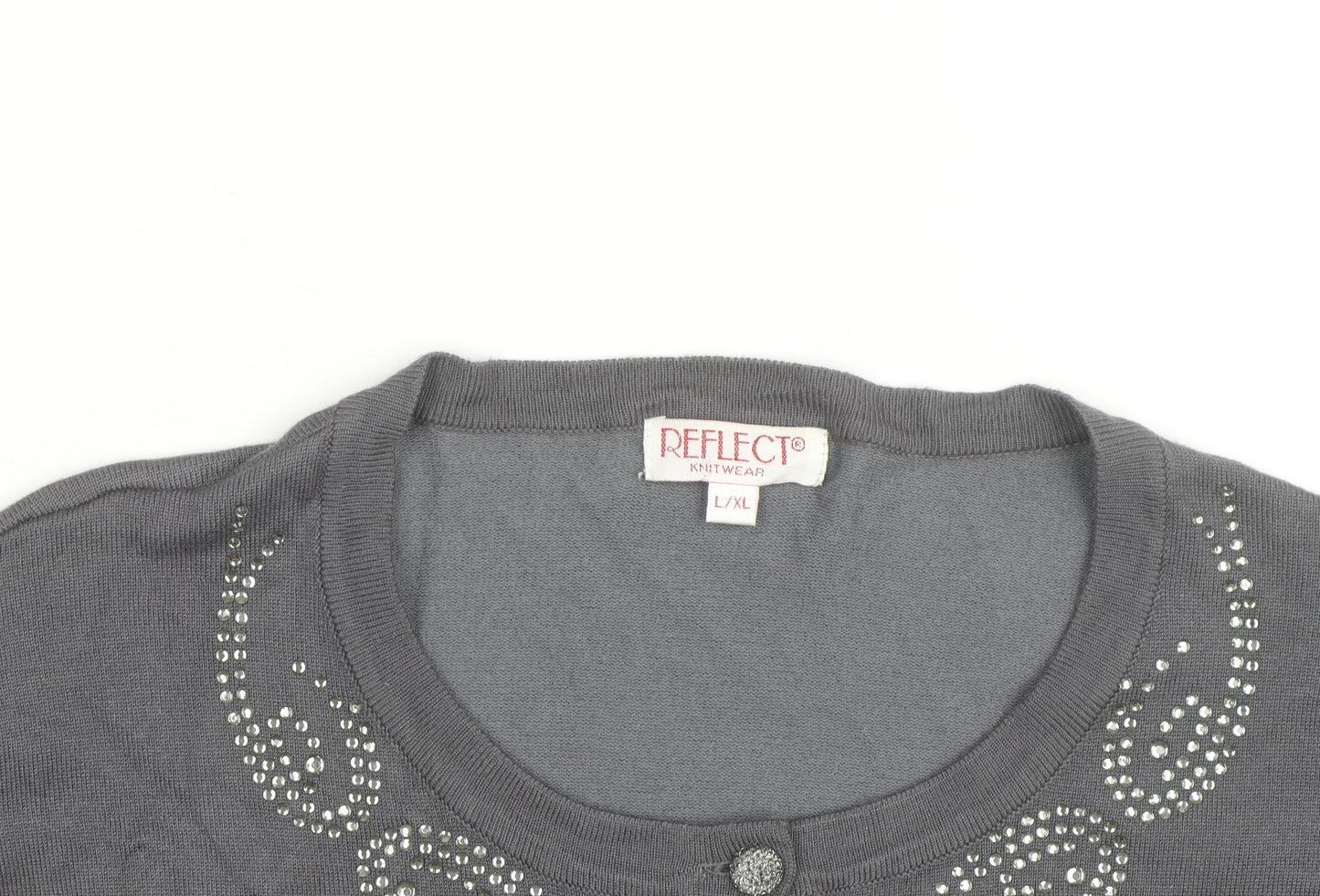 Reflect Grey Rhinestone Crew Neck L Cardigan Knit Jumper