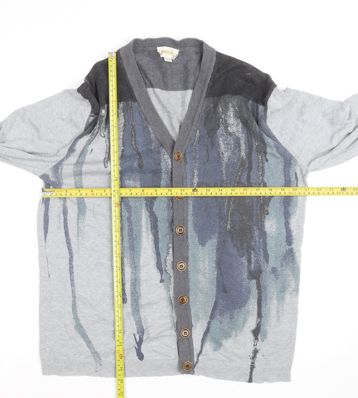 Diesel Men’s Grey Cotton Cardigan L Graphic V-Neck Long Sleeve