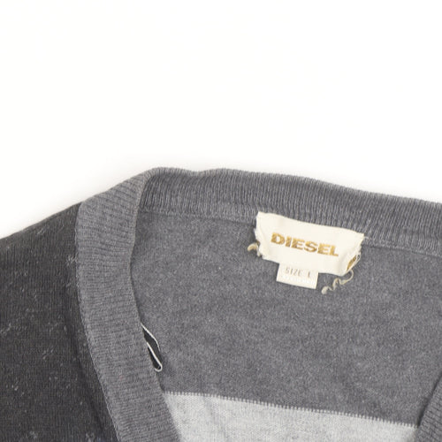 Diesel Men’s Grey Cotton Cardigan L Graphic V-Neck Long Sleeve
