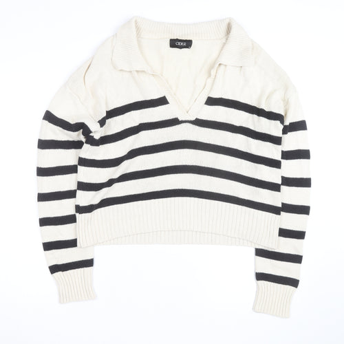 Cider Women's Beige Black Striped V-Neck Knit Jumper M