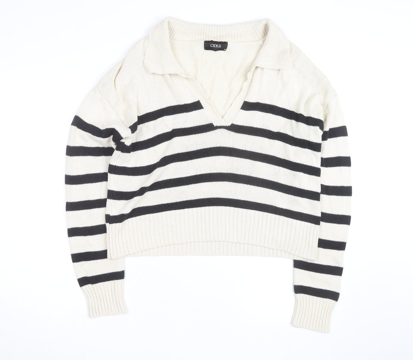 Cider Women's Beige Black Striped V-Neck Knit Jumper M