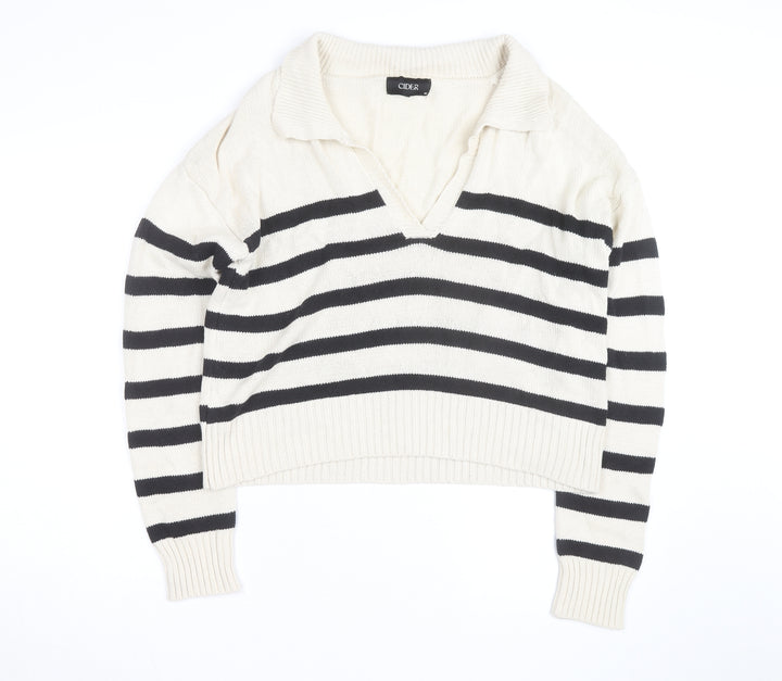 Cider Women's Beige Black Striped V-Neck Knit Jumper M