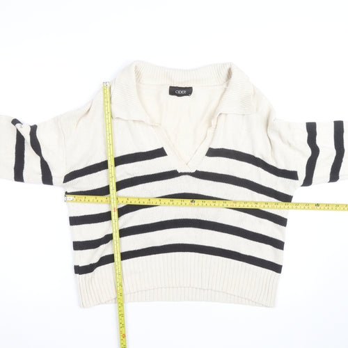Cider Women's Beige Black Striped V-Neck Knit Jumper M