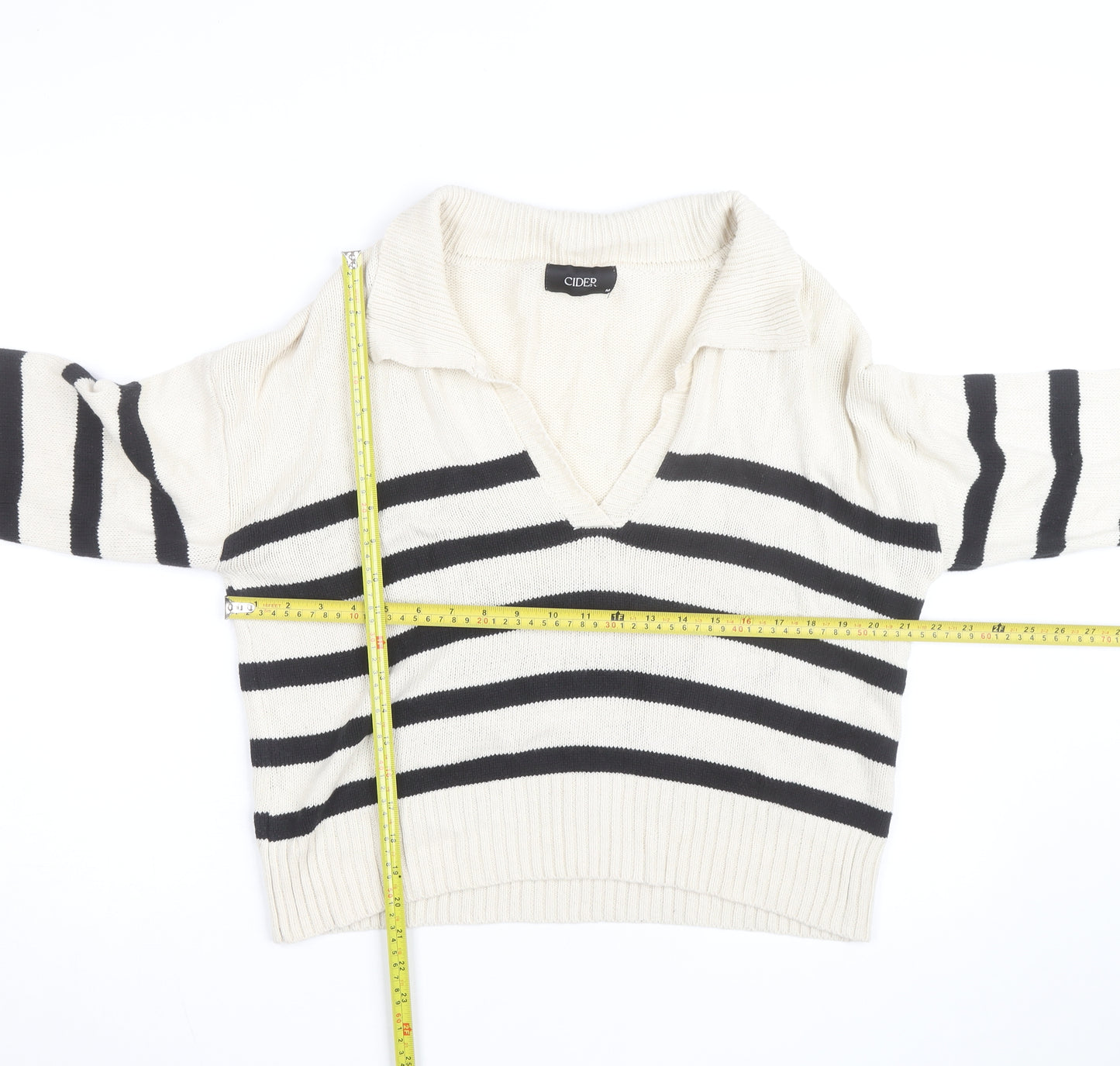 Cider Women's Beige Black Striped V-Neck Knit Jumper M