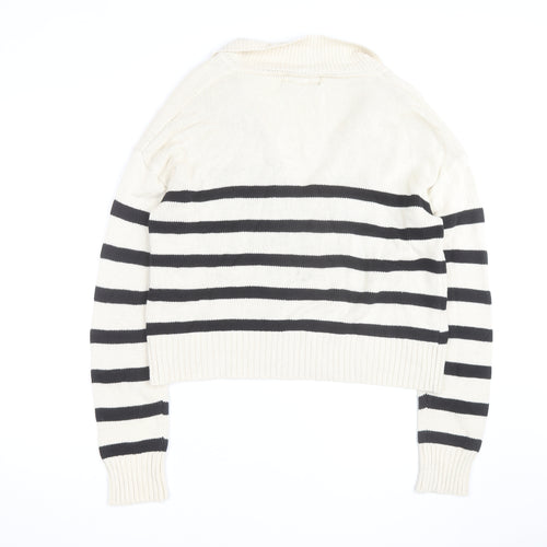 Cider Women's Beige Black Striped V-Neck Knit Jumper M