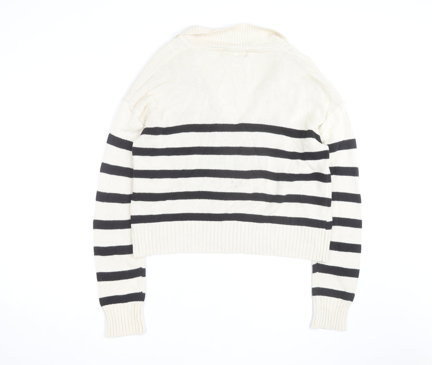 Cider Women's Beige Black Striped V-Neck Knit Jumper M