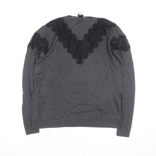 Warehouse Women Grey Lace Detail Crew Neck Jumper Size 10