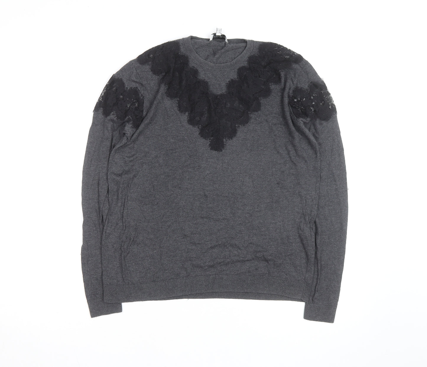 Warehouse Women Grey Lace Detail Crew Neck Jumper Size 10