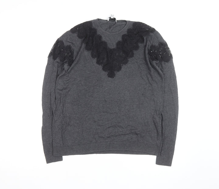 Warehouse Women Grey Lace Detail Crew Neck Jumper Size 10