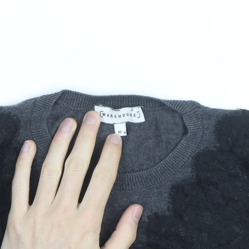 Warehouse Women Grey Lace Detail Crew Neck Jumper Size 10