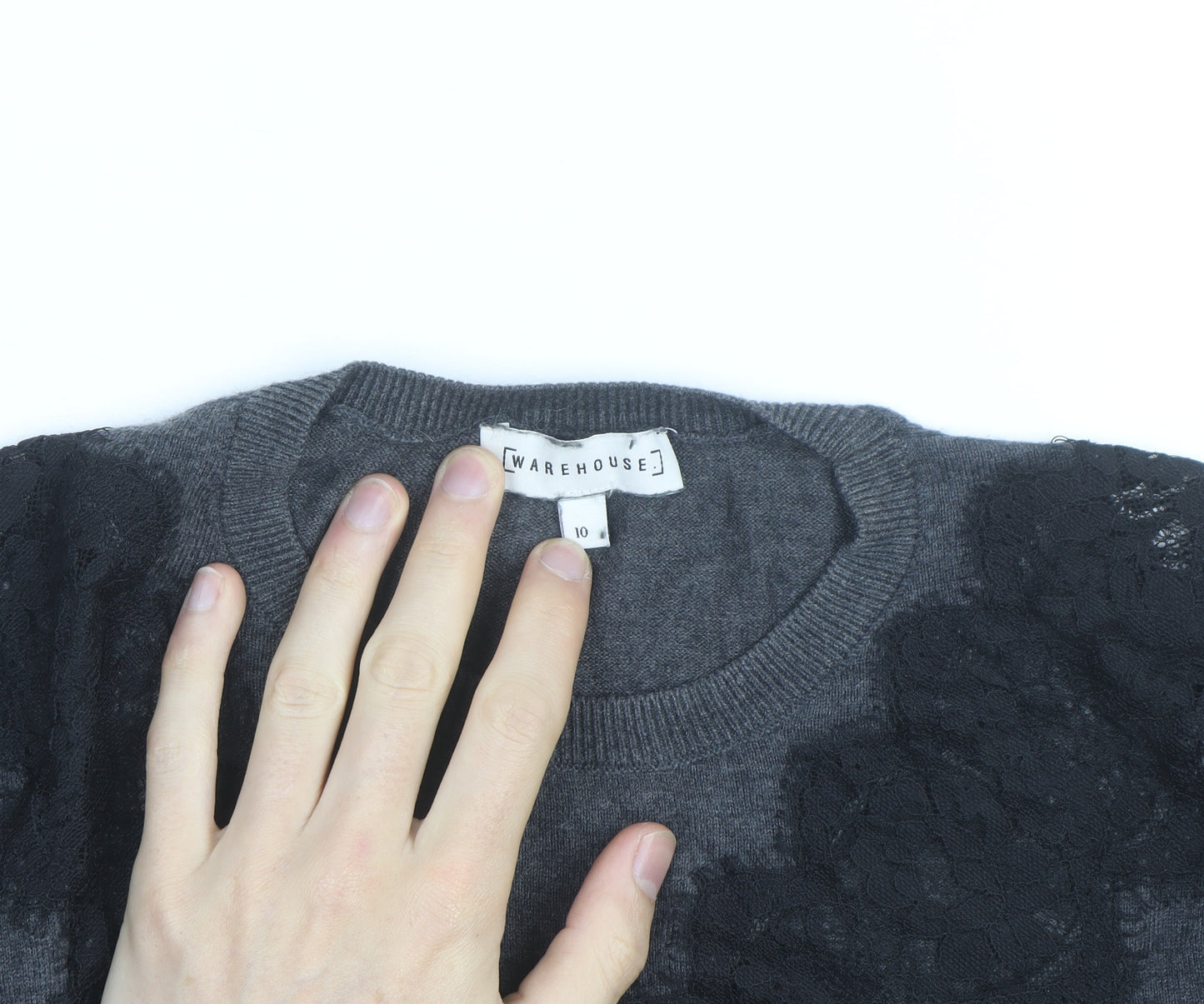 Warehouse Women Grey Lace Detail Crew Neck Jumper Size 10