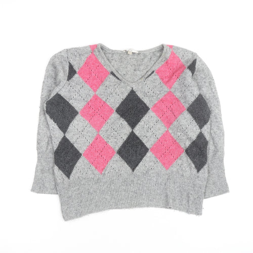 CC Petite Women's Grey Argyle V-Neck Knit Jumper M
