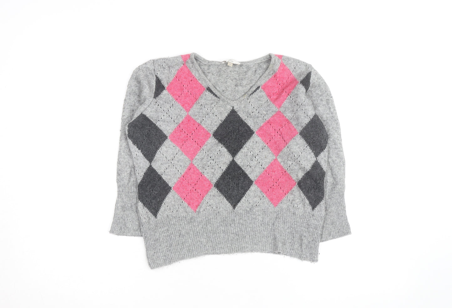 CC Petite Women's Grey Argyle V-Neck Knit Jumper M