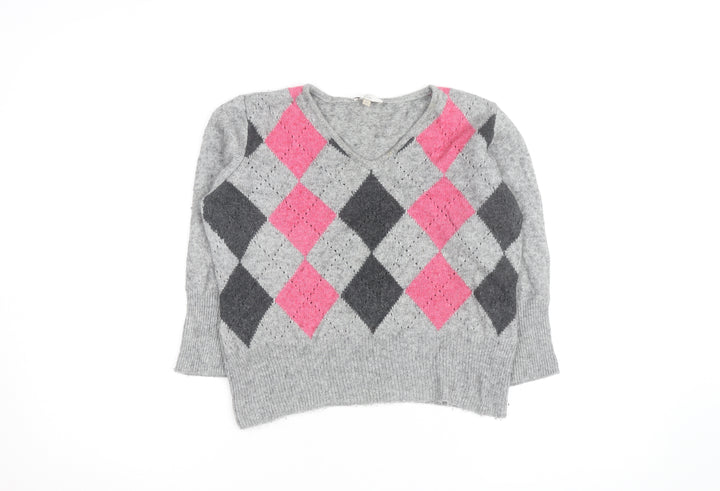 CC Petite Women's Grey Argyle V-Neck Knit Jumper M