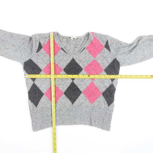 CC Petite Women's Grey Argyle V-Neck Knit Jumper M
