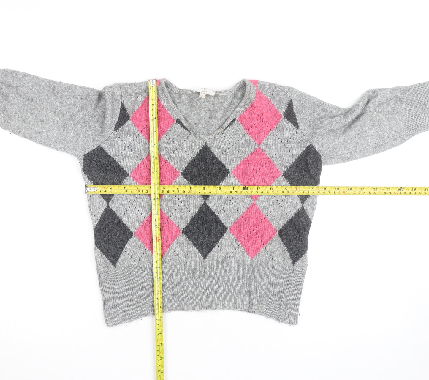 CC Petite Women's Grey Argyle V-Neck Knit Jumper M