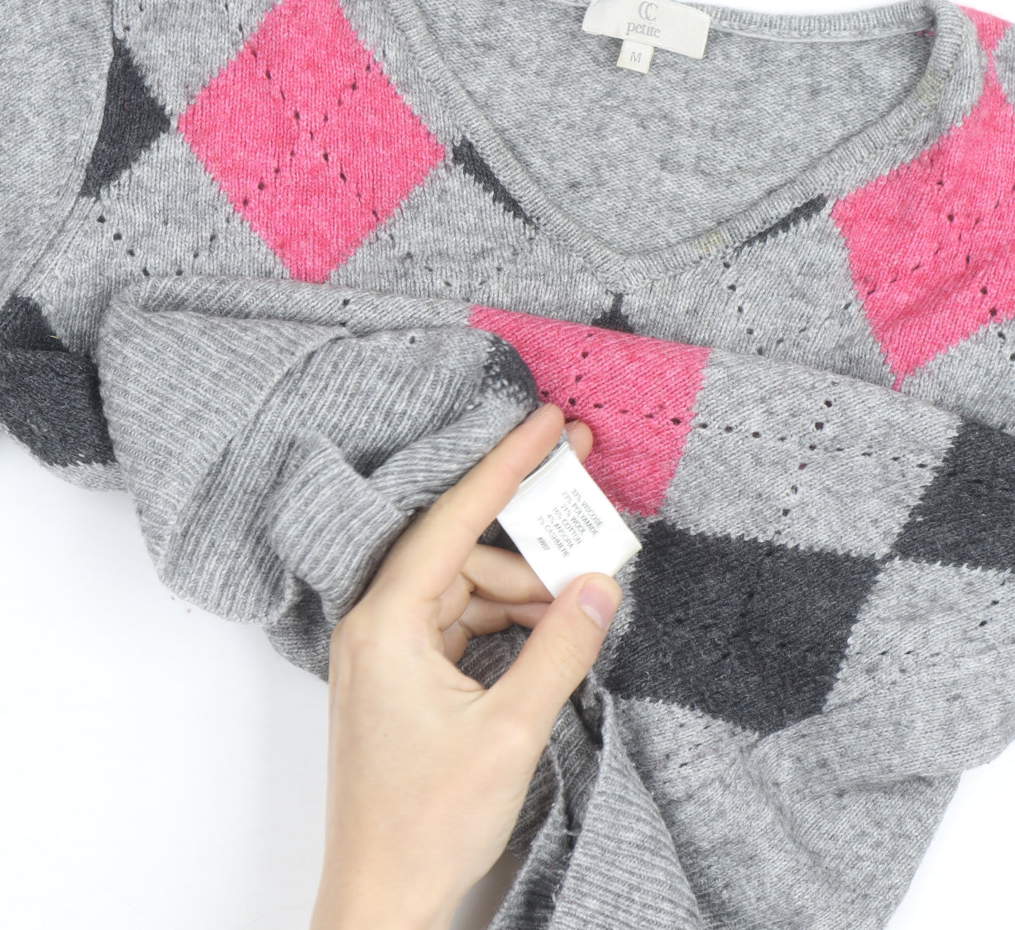 CC Petite Women's Grey Argyle V-Neck Knit Jumper M