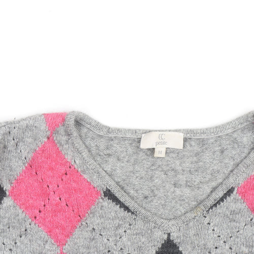 CC Petite Women's Grey Argyle V-Neck Knit Jumper M