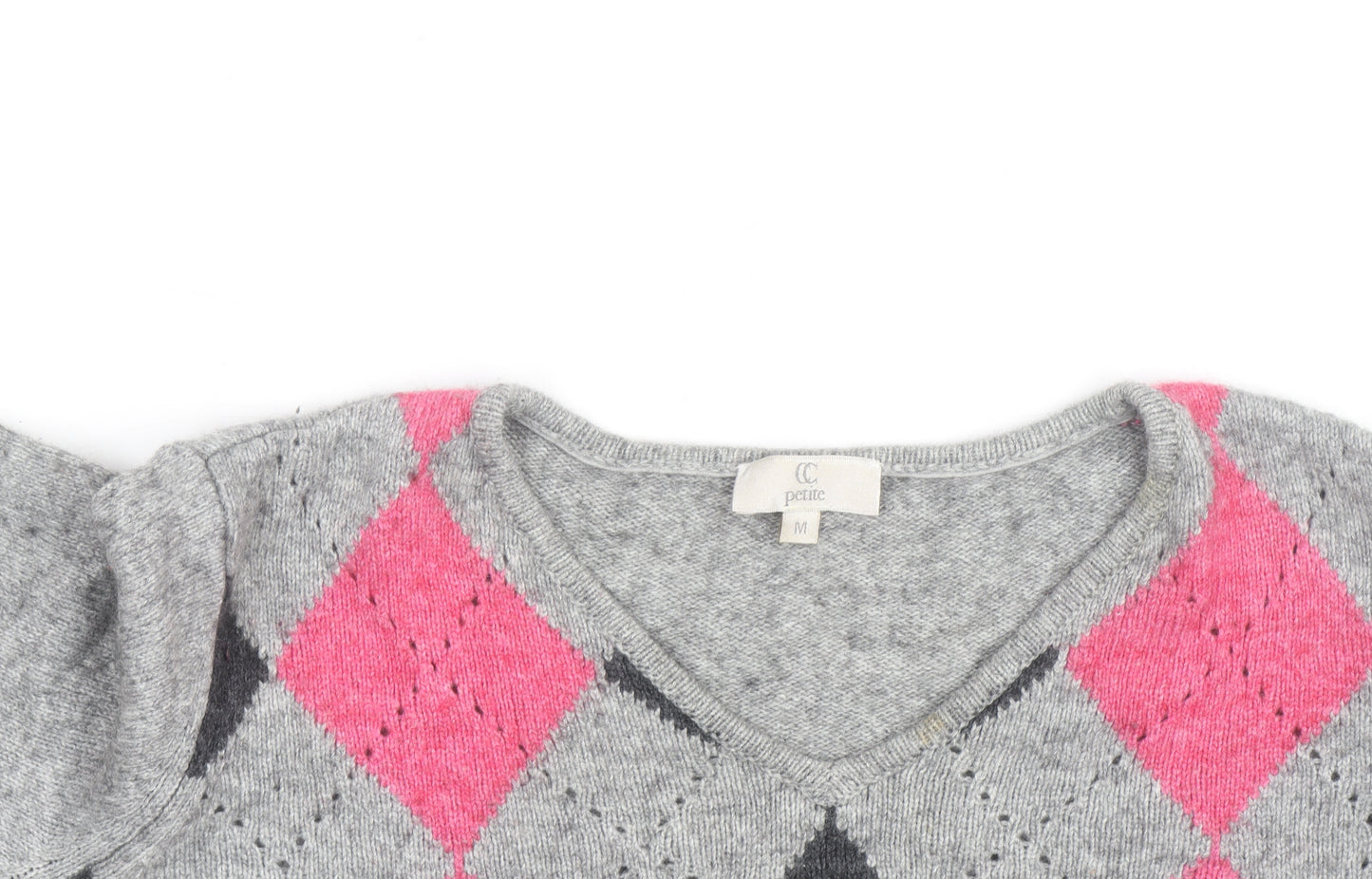 CC Petite Women's Grey Argyle V-Neck Knit Jumper M