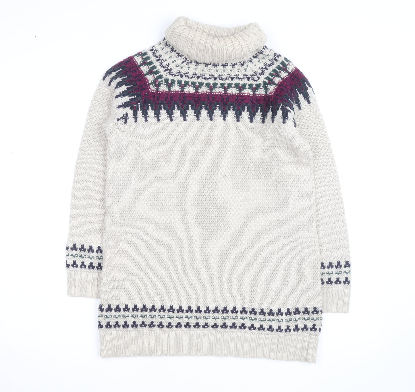 Marks and Spencer Women Beige Fair Isle Roll Neck Jumper Size 12
