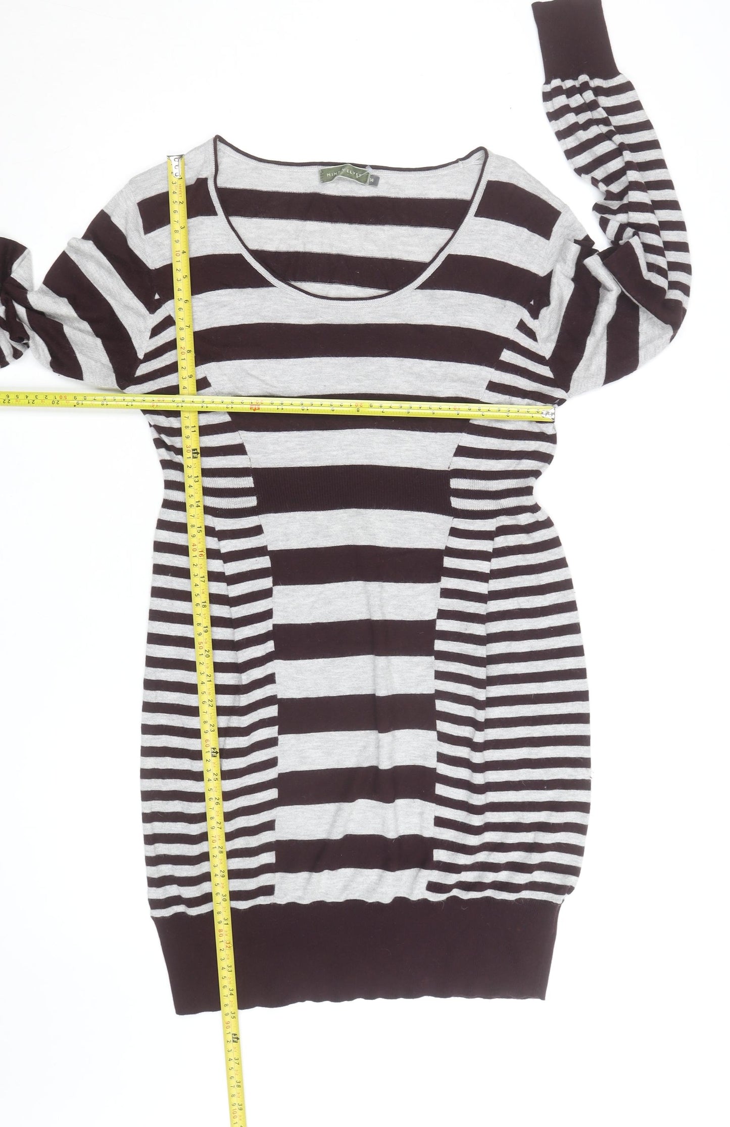 Mint Velvet Women Grey Stripe Knit Long Sleeve Sweater Dress Size 14