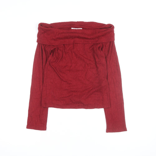 Stradivarius Women Red Off-Shoulder Ribbed Knit Jumper Size 10