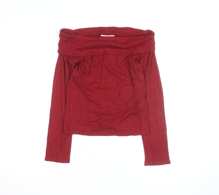 Stradivarius Women Red Off-Shoulder Ribbed Knit Jumper Size 10