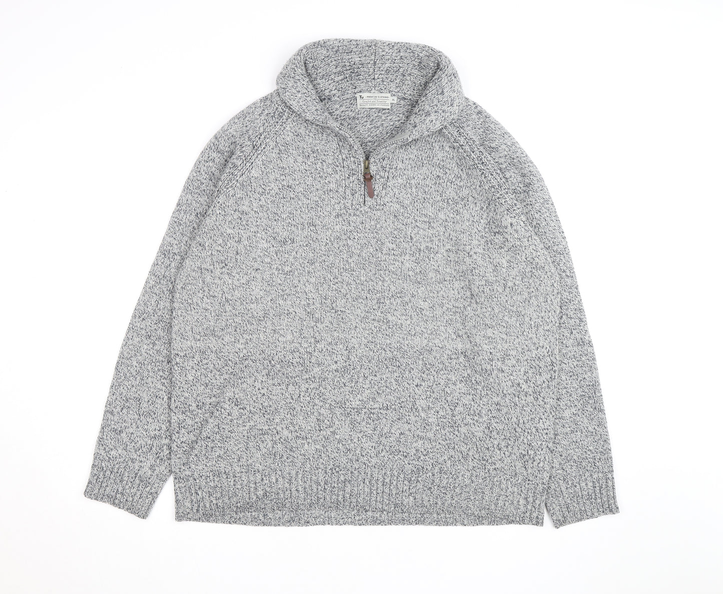 Tu Men's Grey XL 1/2 Zip Chunky Knit High Neck Jumper