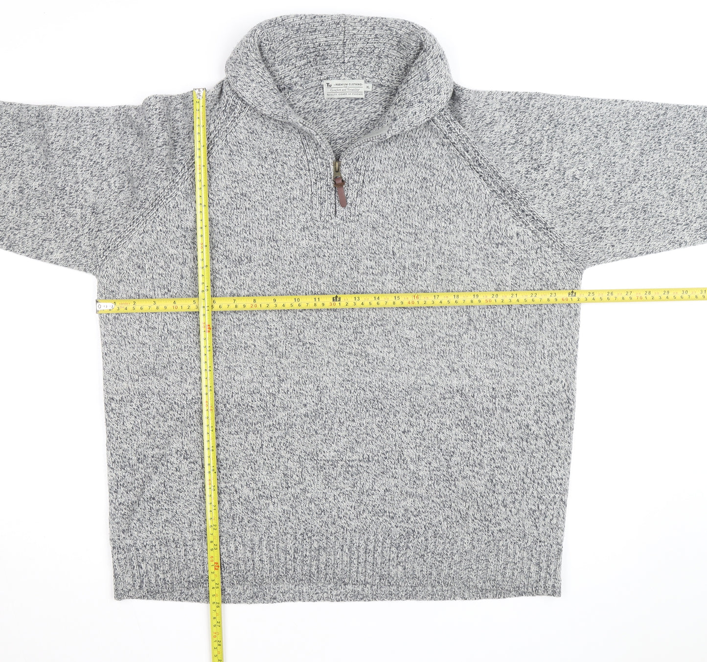 Tu Men's Grey XL 1/2 Zip Chunky Knit High Neck Jumper
