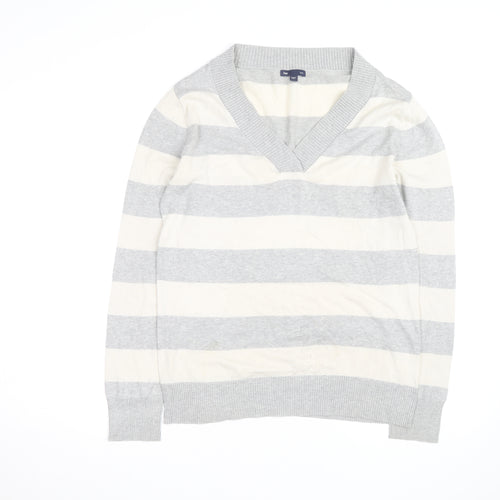 Gap Men's Grey Striped V-Neck Cotton Pullover Jumper Size M