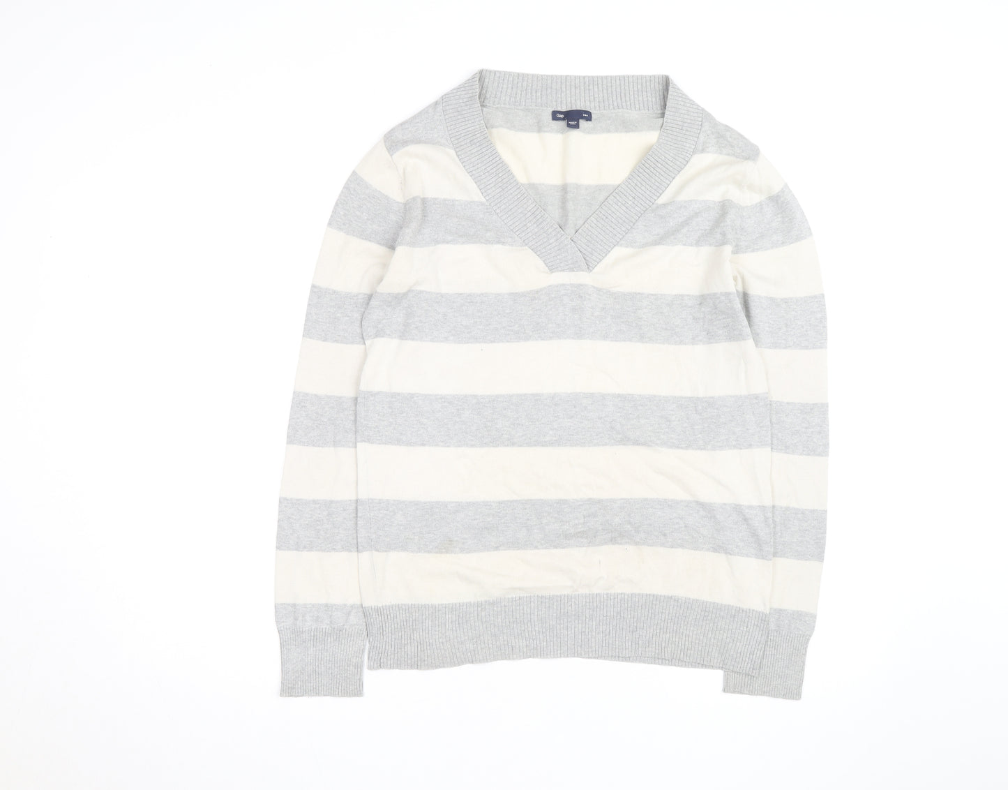 Gap Men's Grey Striped V-Neck Cotton Pullover Jumper Size M