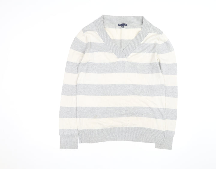 Gap Men's Grey Striped V-Neck Cotton Pullover Jumper Size M