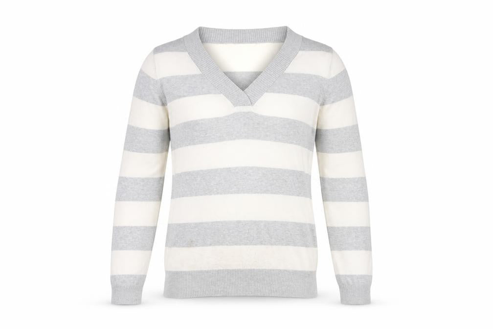 Gap Men's Grey Striped V-Neck Cotton Pullover Jumper Size M