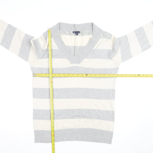 Gap Men's Grey Striped V-Neck Cotton Pullover Jumper Size M