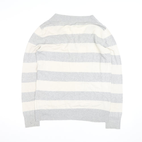 Gap Men's Grey Striped V-Neck Cotton Pullover Jumper Size M