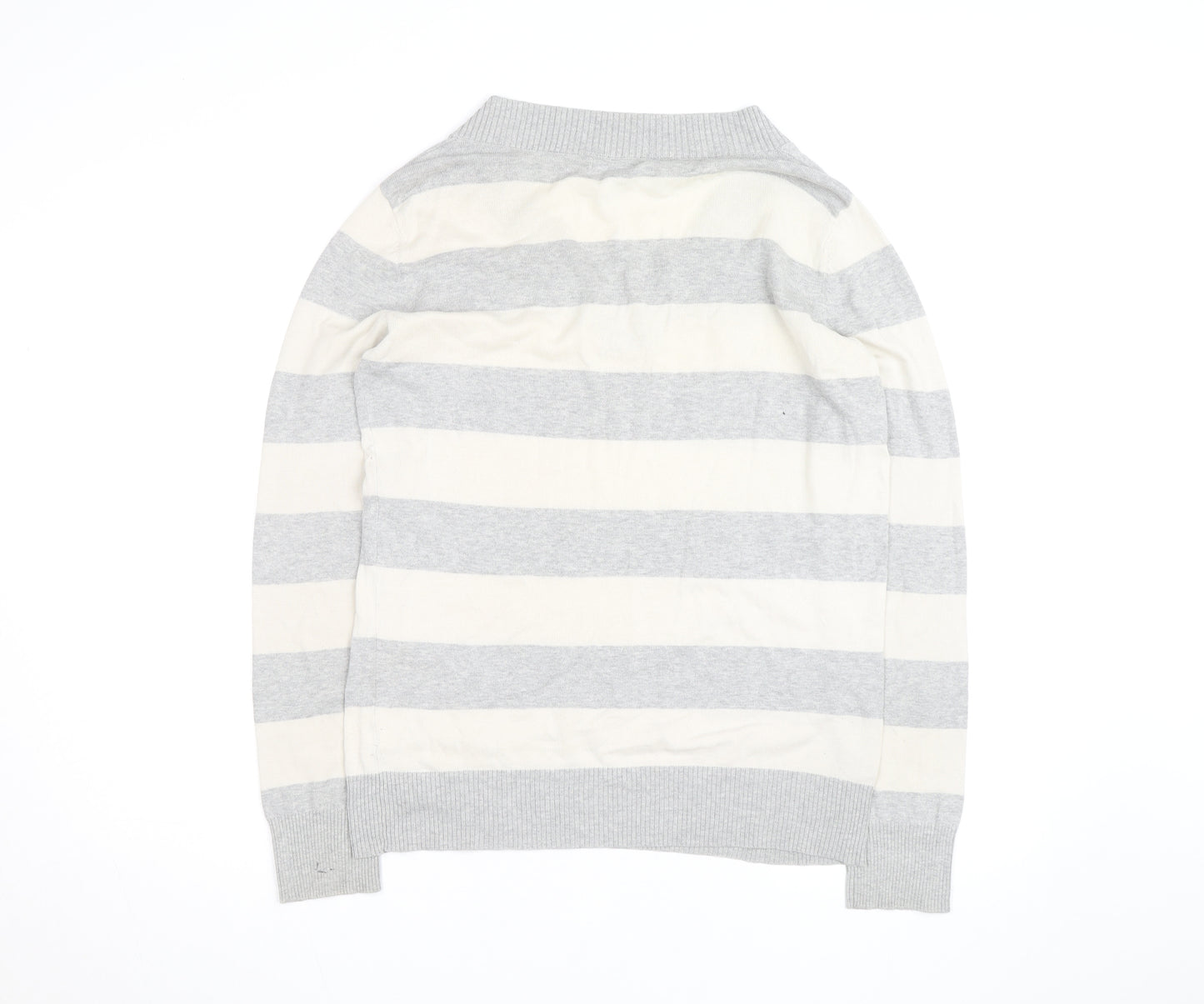 Gap Men's Grey Striped V-Neck Cotton Pullover Jumper Size M