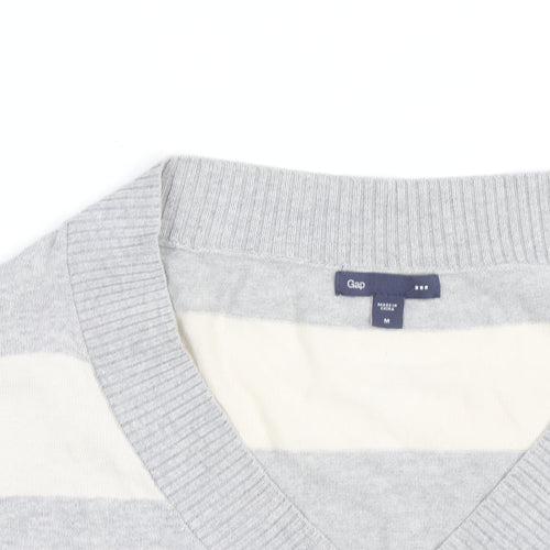 Gap Men's Grey Striped V-Neck Cotton Pullover Jumper Size M