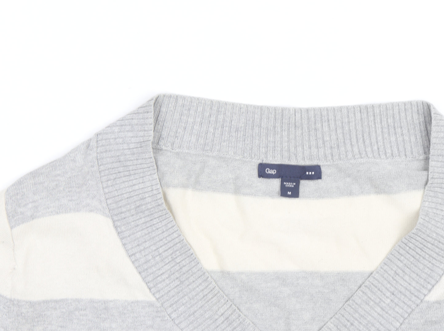 Gap Men's Grey Striped V-Neck Cotton Pullover Jumper Size M