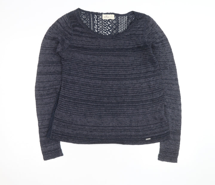 Hollister Womens Blue Open-Knit Scoop Neck Pullover Jumper Size L