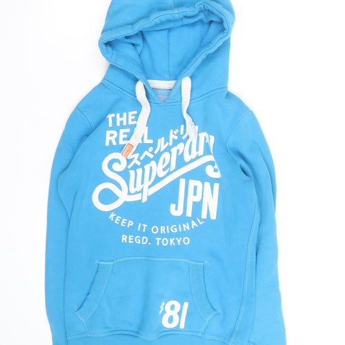 Superdry Men's Blue Pullover Hoodie Small Graphic Print Cotton Blend