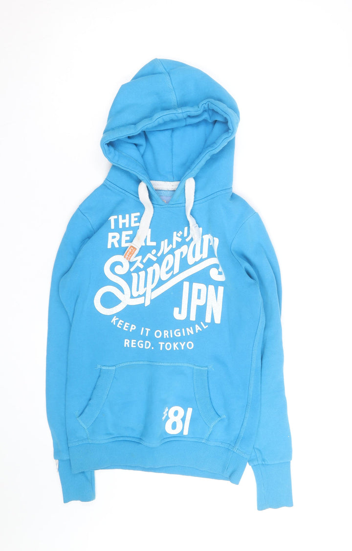 Superdry Men's Blue Pullover Hoodie Small Graphic Print Cotton Blend
