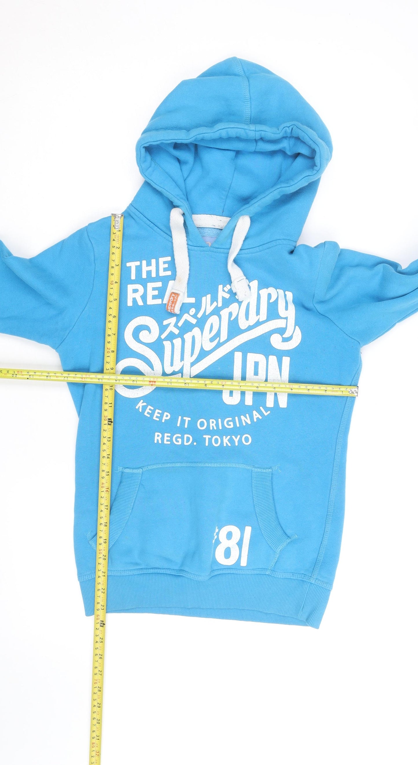 Superdry Men's Blue Pullover Hoodie Small Graphic Print Cotton Blend