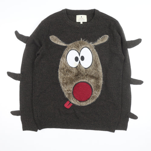 Next Men's Brown Reindeer Christmas Jumper M Crew Neck Pullover