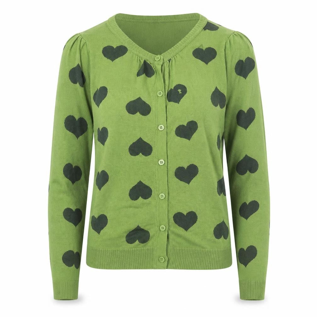 Front view of Stradivarius women’s green heart print cardigan, size S